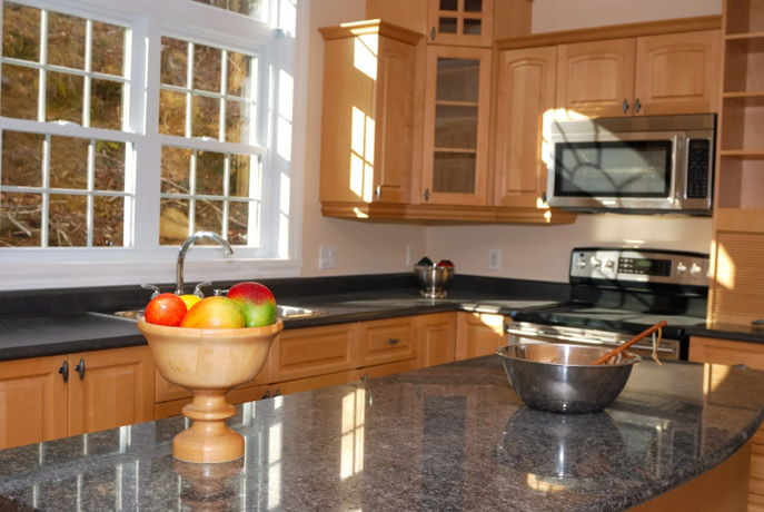 Granite Kitchen Countertop black maple cabinets Northern Michigan MKD Kitchens